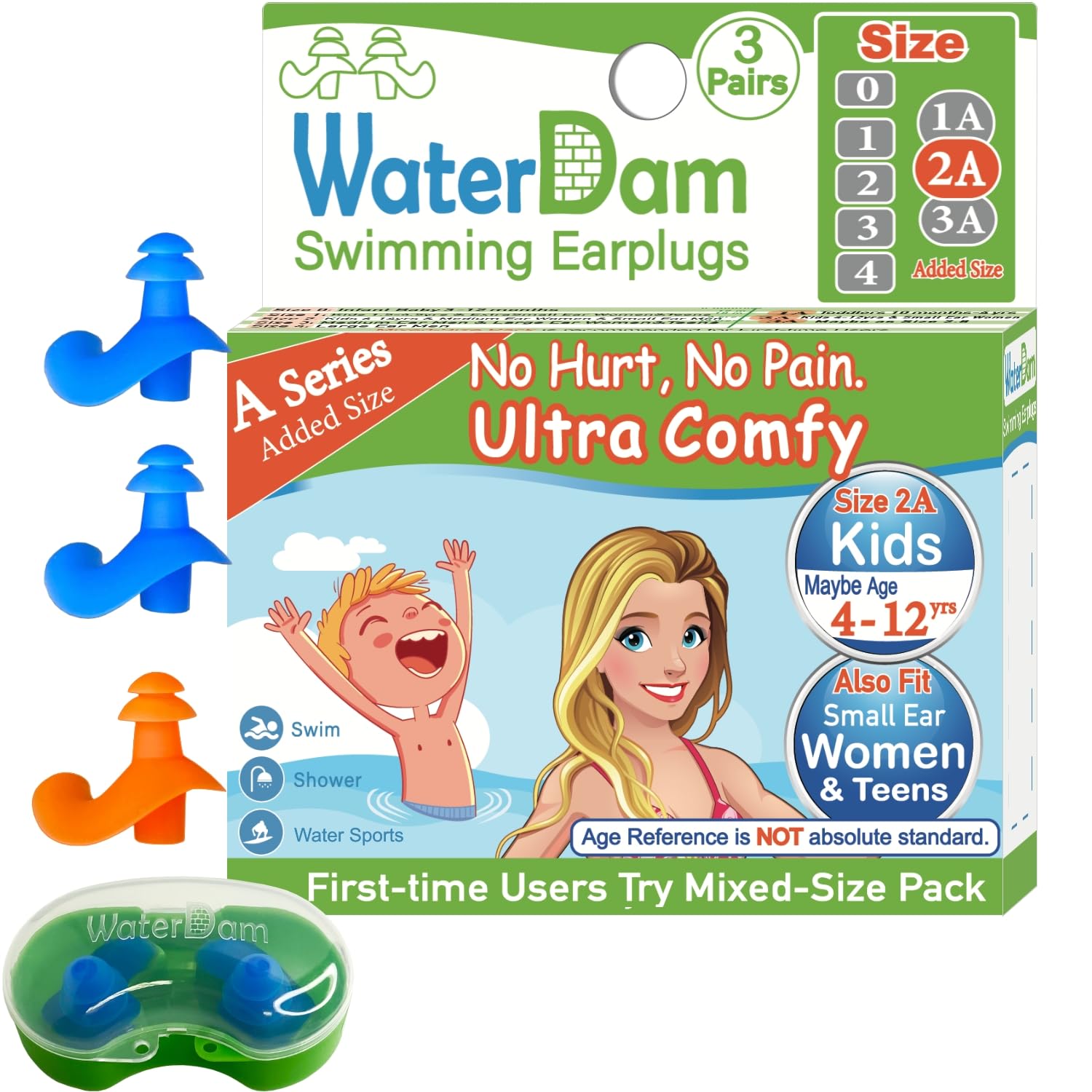 WaterDam A-Series Swimming Ear Plugs Ultra Comfy Great Waterproof Earplugs (Size 2A+2A+2A: Kids Teens Small&Medium Ear Women (Blue Blue Orange), Size 2A)