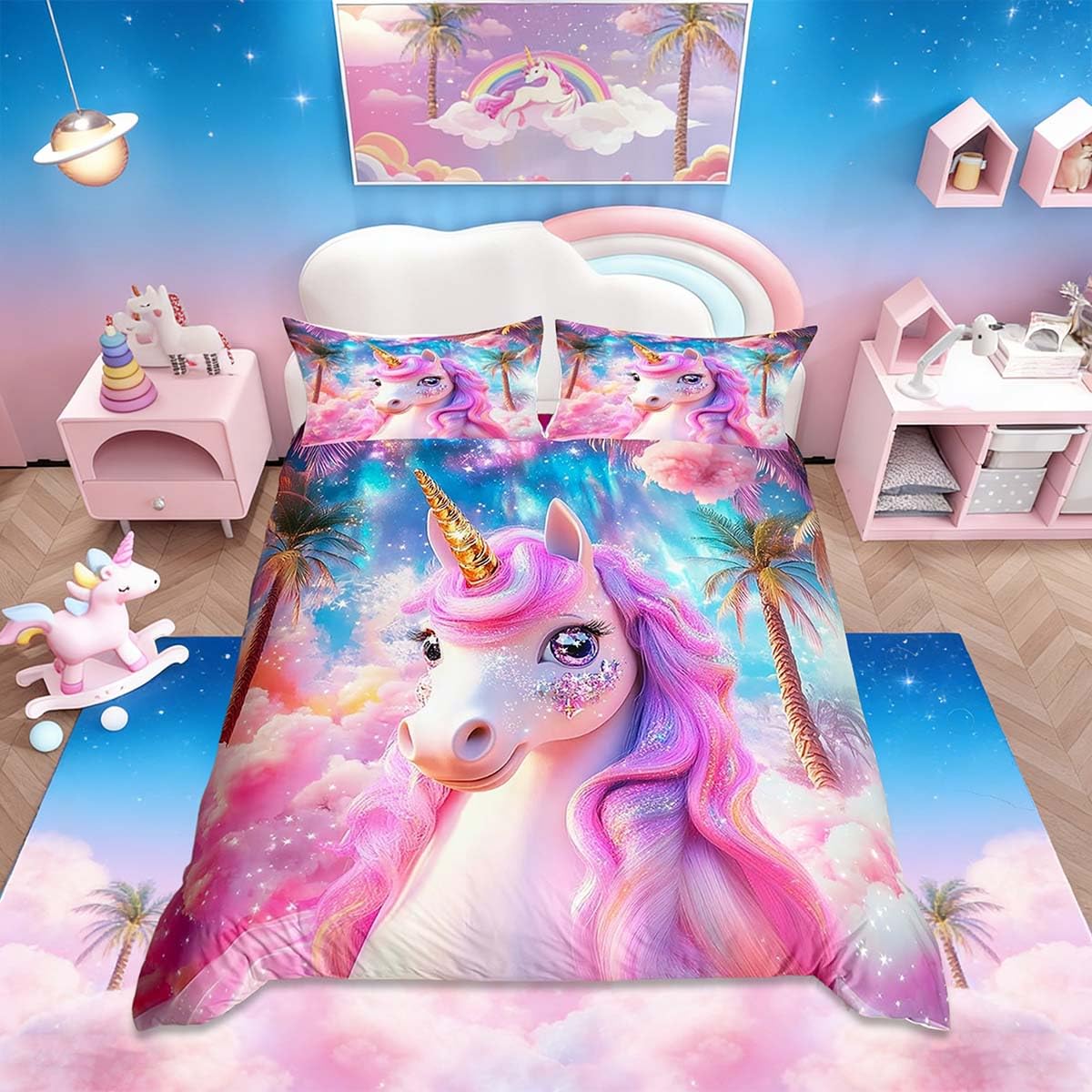 Parure de lit licorne rêveuse Homemissing pour enfant avec housse de couette double arc-en-ciel