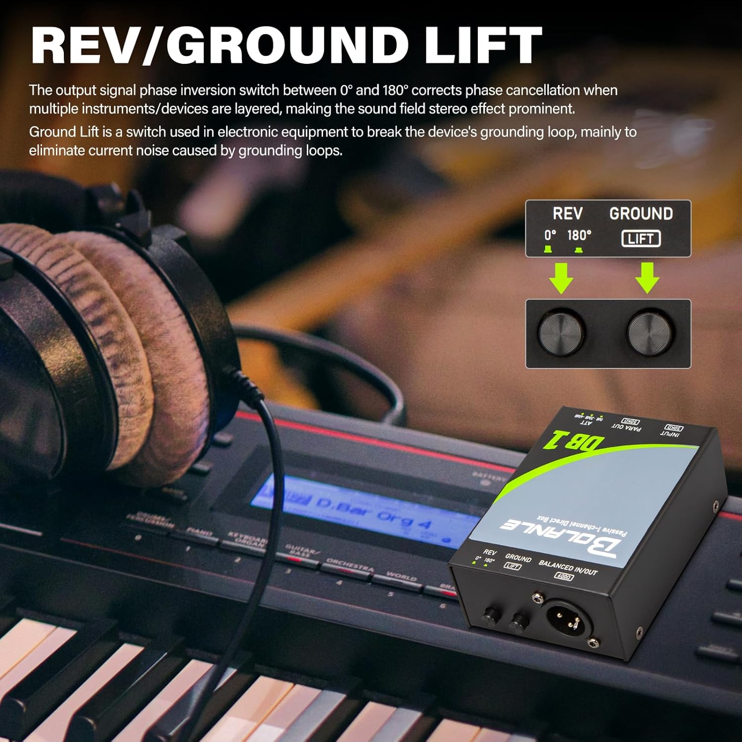 Bolanle Passive 1-Channel Direct Box DI for Guitar, Bass & Synths Hum Eliminator, Ground Loop Noise Reducer, Reamp Function XLR Balanced Output for Studio & Live Performance