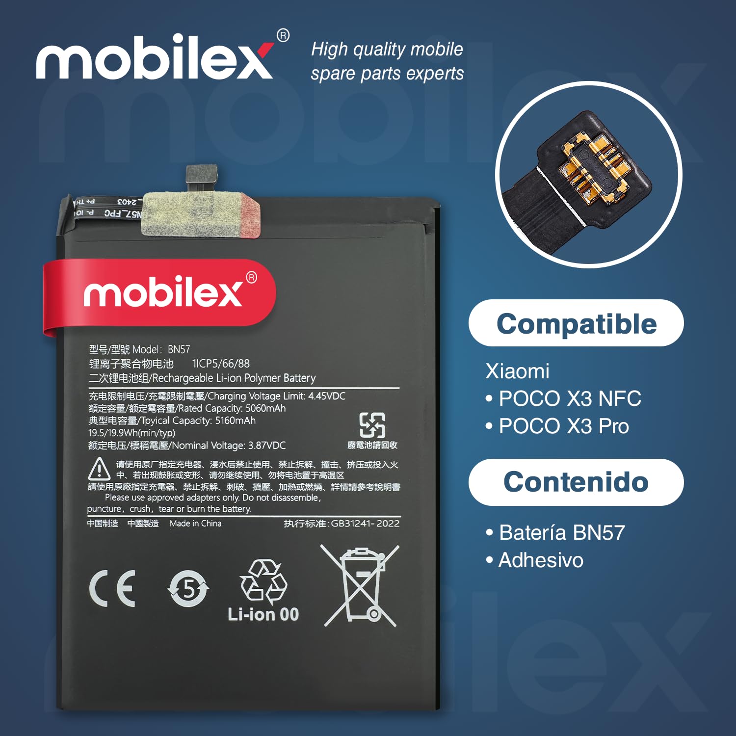 MOBILEX® Batería BN57 para Poco X3 NFC/Poco X3 Pro | Carga Rápida 33W | 5160mAh - OEM | Interna Repuesto con Adhesivo | Capacidad Original