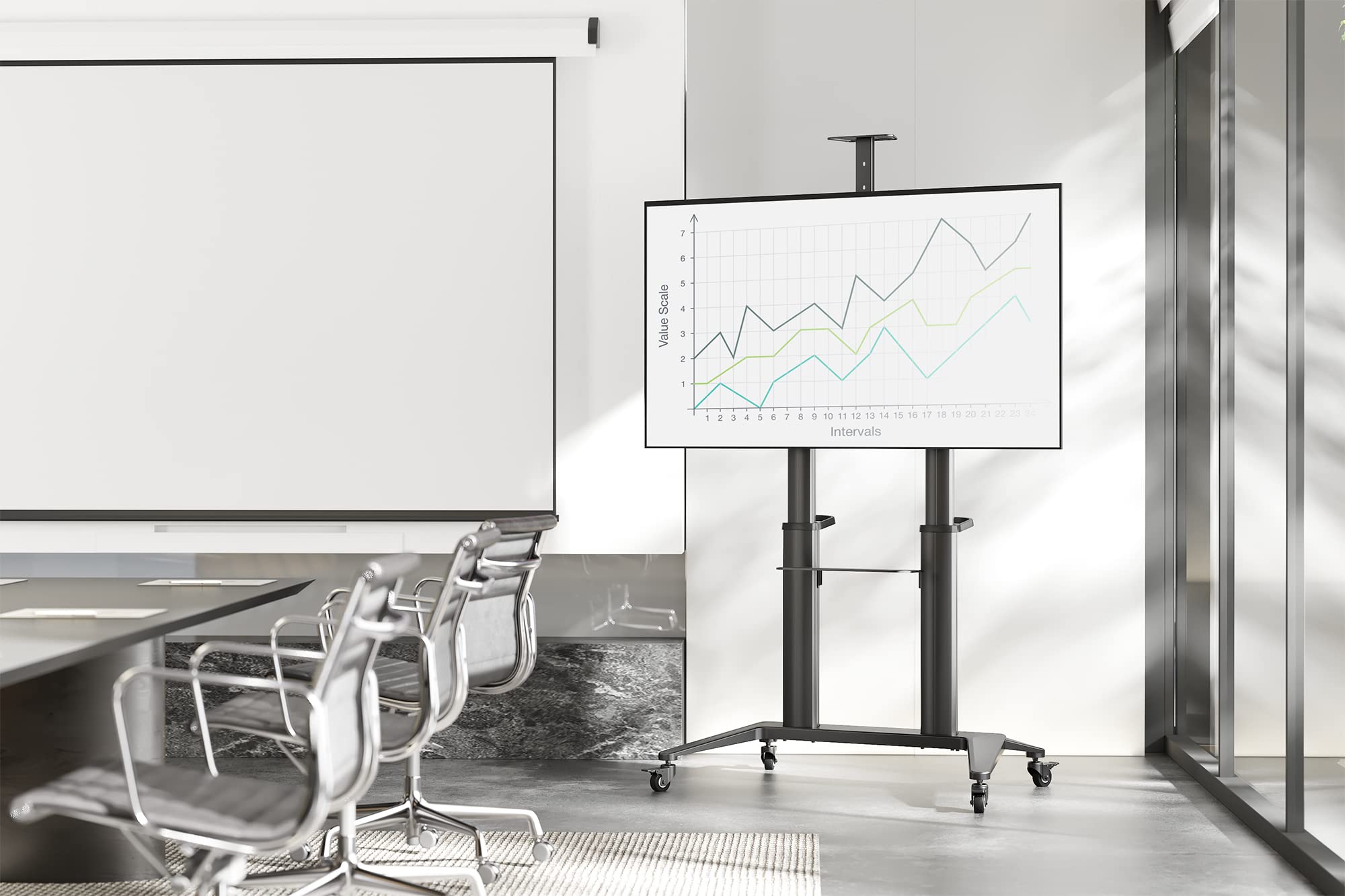 DIGITUS TV-Ständer – für Fernseher 70-120 Zoll – Traglast 140kg | VESA bis 1000x600 – Mit Ablage für Laptop & Kamera – Praktischer Griff auf der Rückseite – Integriertes Kabelmanagement