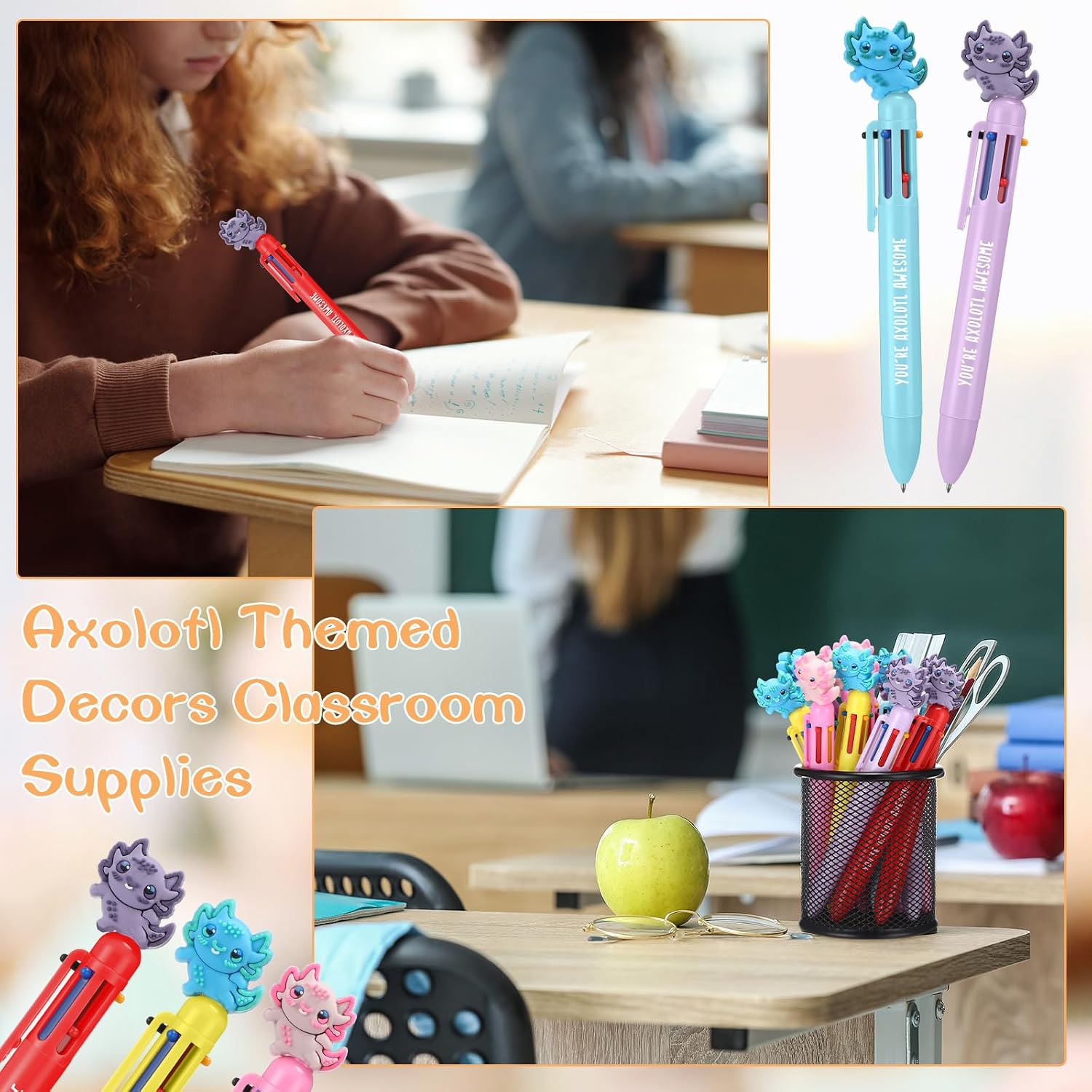 Sayglossy 36 Pcs Axolotl Party Favors Ballpoint Pens Bulk 6 in 1 Multicolor Retractable Axolotl Pen Goodie Bags Stuffers Gifts for Pet Lover Birthday Rewords