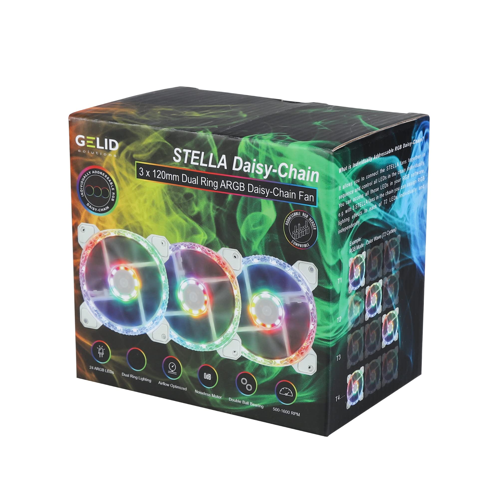 Gelid Solutions Łańcuch stokrotek ARGB Fans-120 mm ARGB Stella Fan-24 ARGB LED - podwójne łożysko - 120 x 120 x 25 obr./min 1600