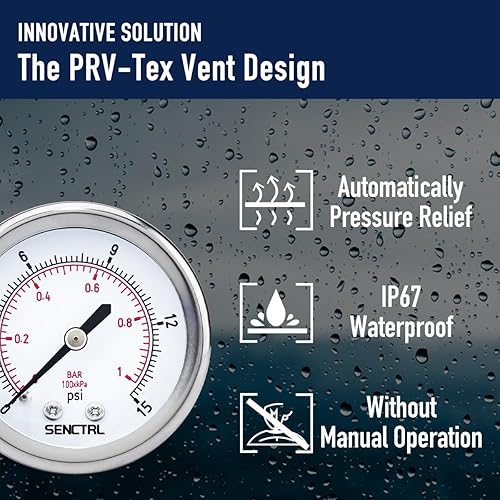 Miniatura 52 de SENCTRL Medidor de presión sin plomo de 100 psi, dial de 2 pulgadas, montaje inferior 1/4 NPT, impermeable, caja de acero inoxidable, para tanque