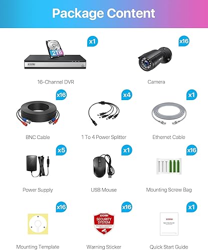 Miniatura 9 de ZOSI H.265+ Sistema de cámara de seguridad de 16 canales 1080p, grabadora DVR híbrida con disco duro de 2 TB y cámara CCTV Bullet de 16 x 2MP para