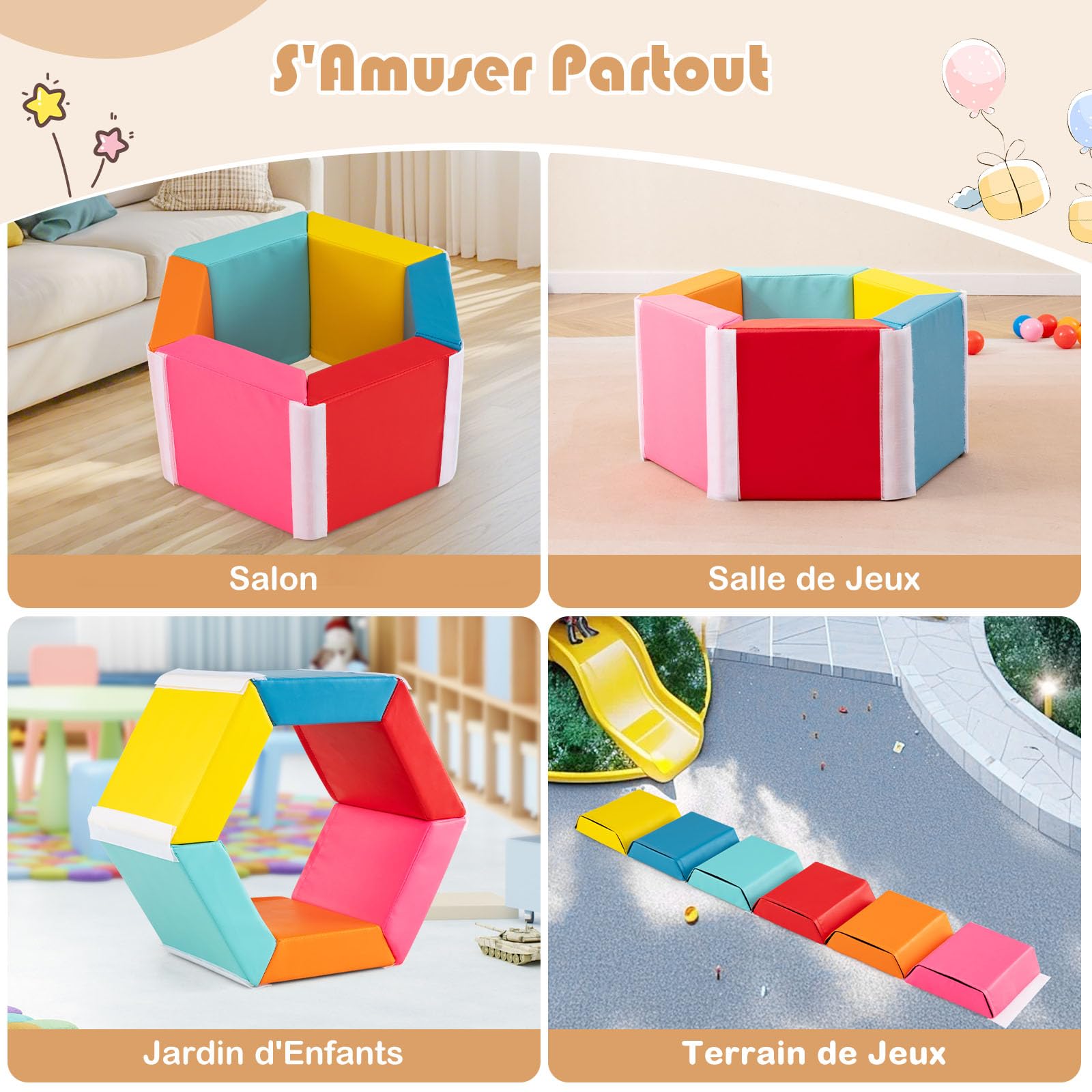 COSTWAY 3 en 1 Module Motricité Bébé en Mousse avec Housse en PU, Parcours Motricité Bébé 6 Pièces avec Attaches Auto-Agrippantes, Fosse à Balles Hexagonale pour Ramper Grimper, 12 Mois+