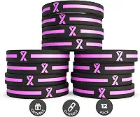 (pacote com 12) Pulseiras de silicone para conscientização do câncer de mama rosa - Pacote de de 1 dúzia de pulseiras unissex para homens e mulheres - Cancer Survivor Presentes hospitalares Presentes de festa Presentes de guloseimas