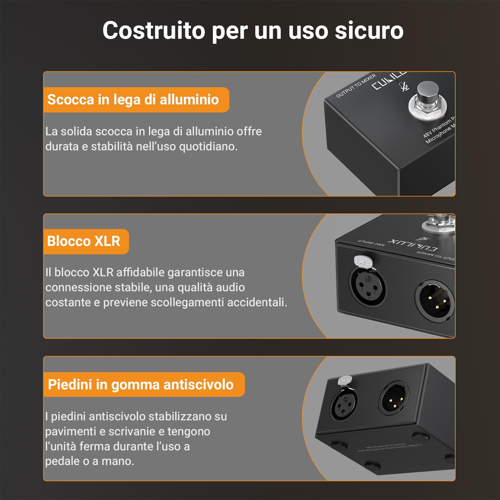 Cubilux MMX-3 interruttore mute XLR a pedale per microfono a condensatore 48V, controllo mano/piede, corpo in alluminio, switch in-line mic on/off per studio, streaming, broadcast e palco