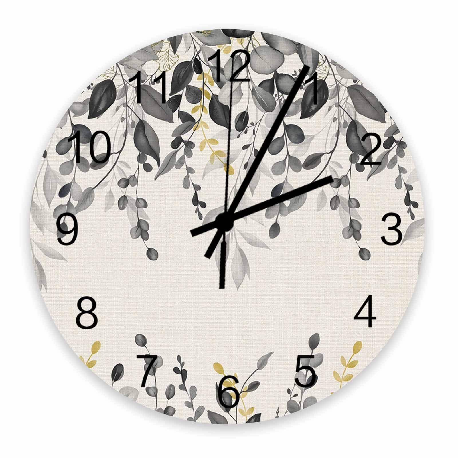 Horloge murale 30 cm en lin imprimé feuilles pour décorer le salon