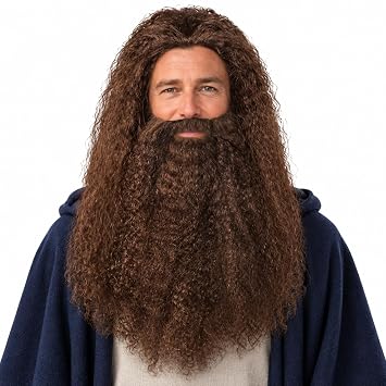Long Curly Wizard Wig and Beard Set, 2-Piece Costume Accessory, 3 Colors