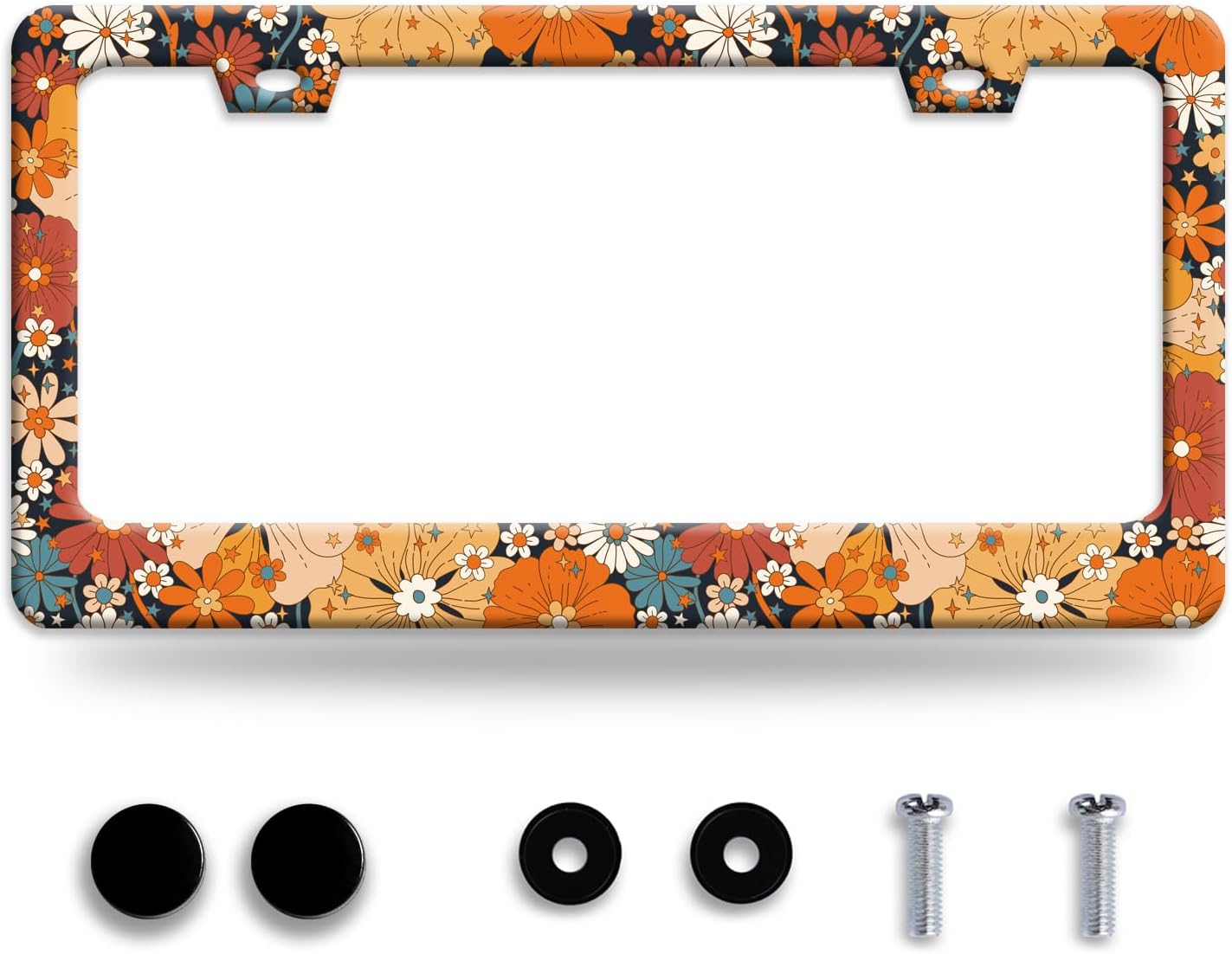 Folk Floral Print Stainless Steel License Plate Frame Fits US Standard