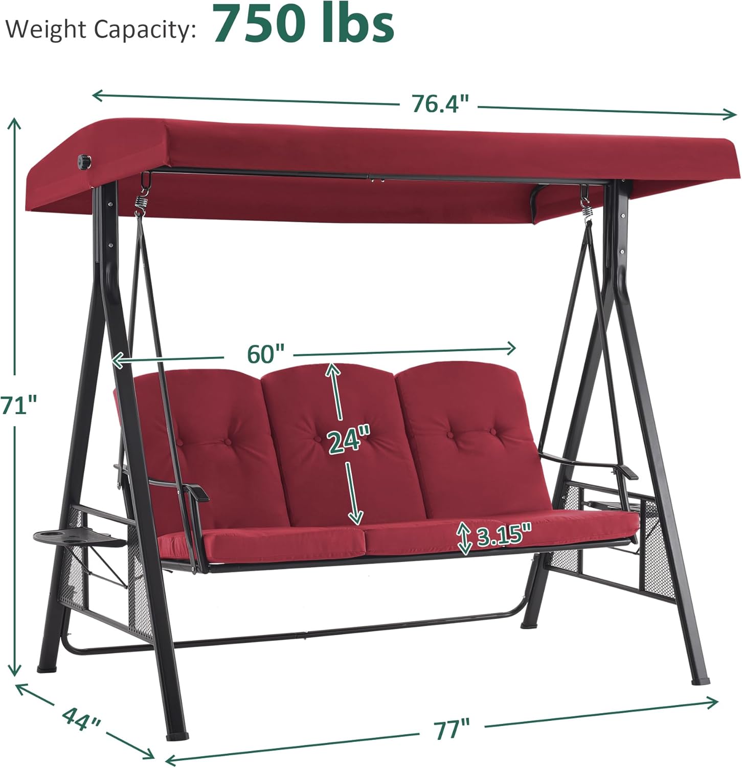 MCombo 3 Seat Patio Swings with Adjustable Canopy, Outdoor Porch Swing Chair with Stand for Backyard, Poolside, Balcony 4092 (Burgundy)