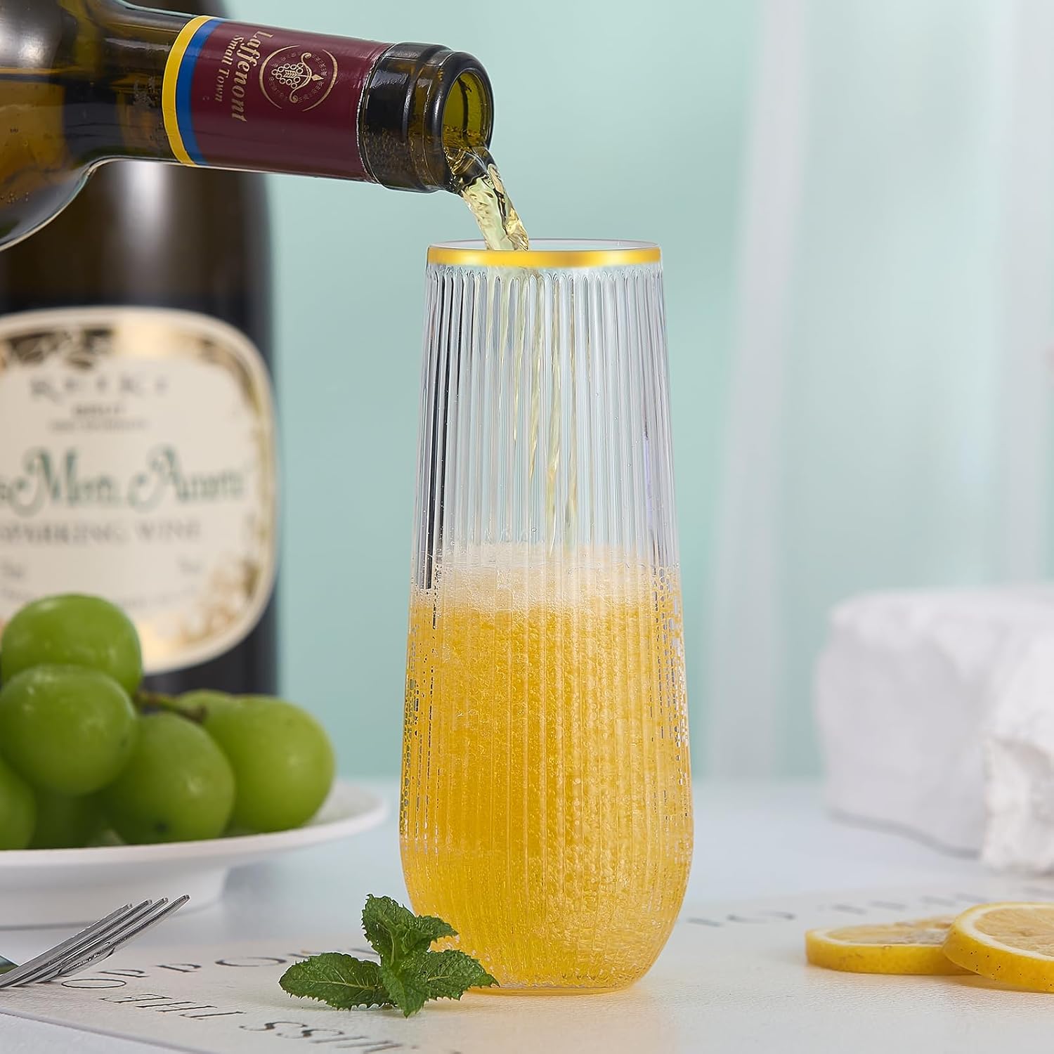 48 Pack Plastic Ribbed Champagne Flutes, 9 Oz Stemless Disposable Gold Rim Clear Plastic Toasting Glasses Shatterproof Recyclable and BPA-Free Perfect For Wedding - Image 8