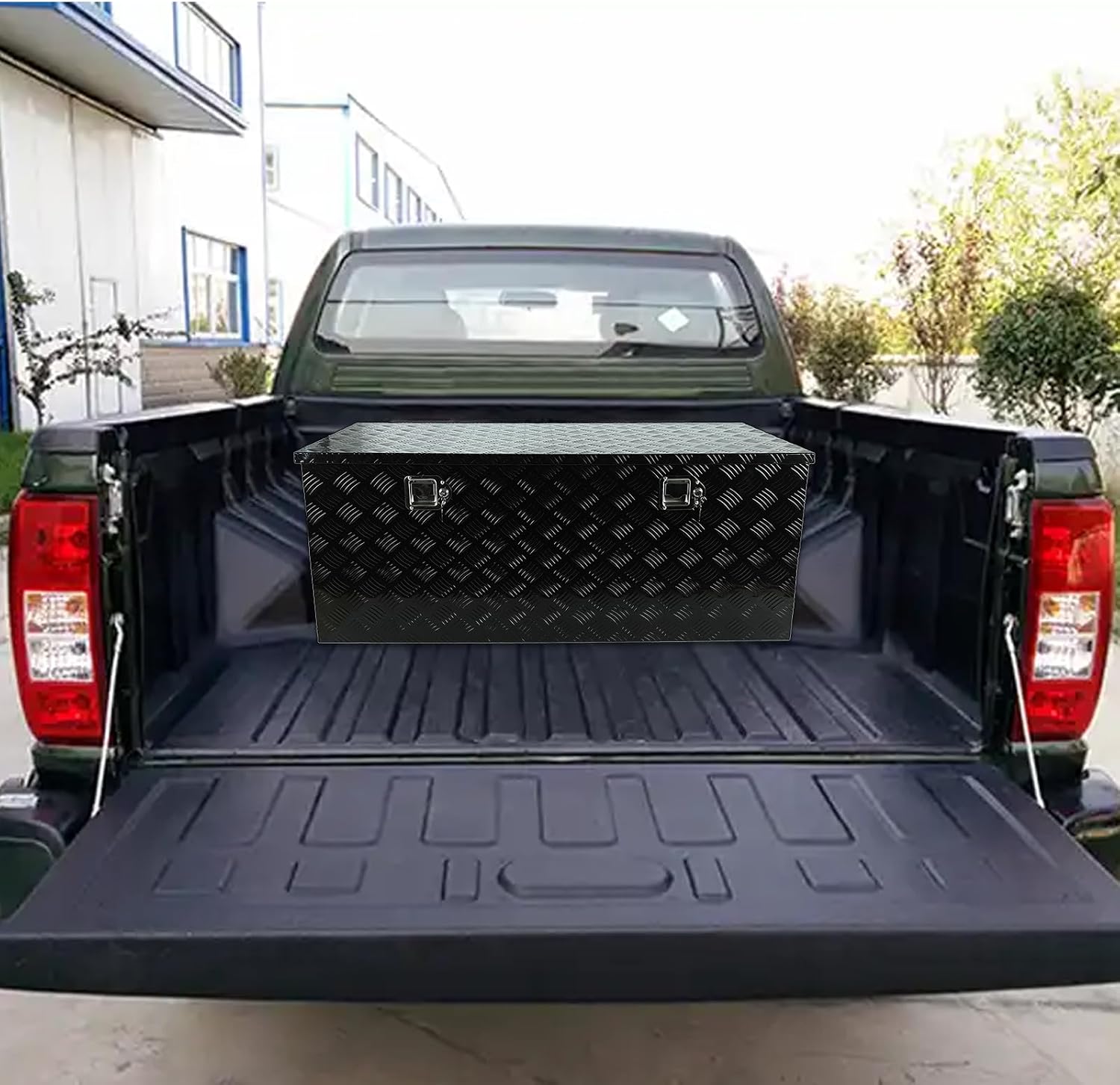 48 Inch Heavy Duty Aluminum Stripes Plated Tool Box Pick Up Truck Bed RV Trailer Toolbox Square Storage Organizer with Side Handle, Lock and Keys, Waterproof -48"x 19.5"x 17.5", Black