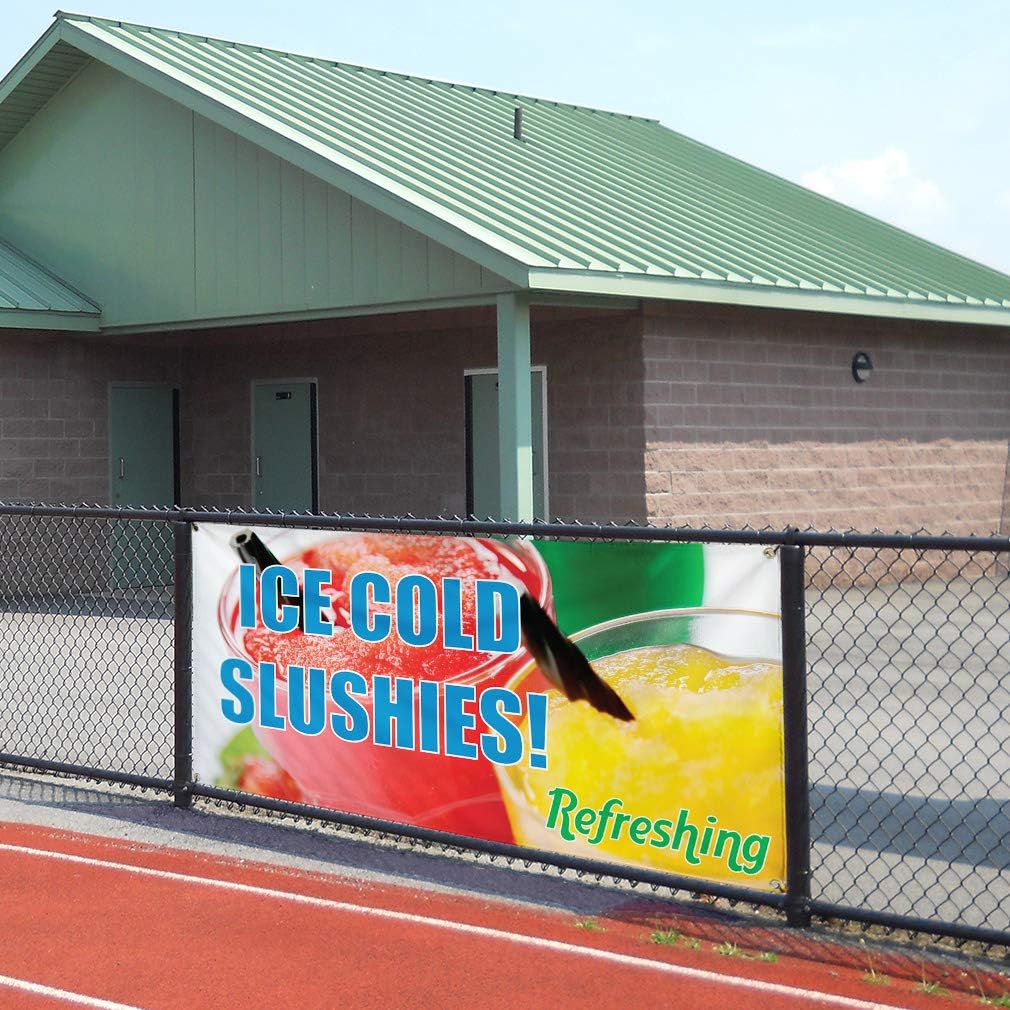 Vinyl Banner Sign Ice Cold Slushies! #1 Style A Slushies Marketing Advertising Aqua-Blue - 24inx36in, 4 Grommets, Set of 2
