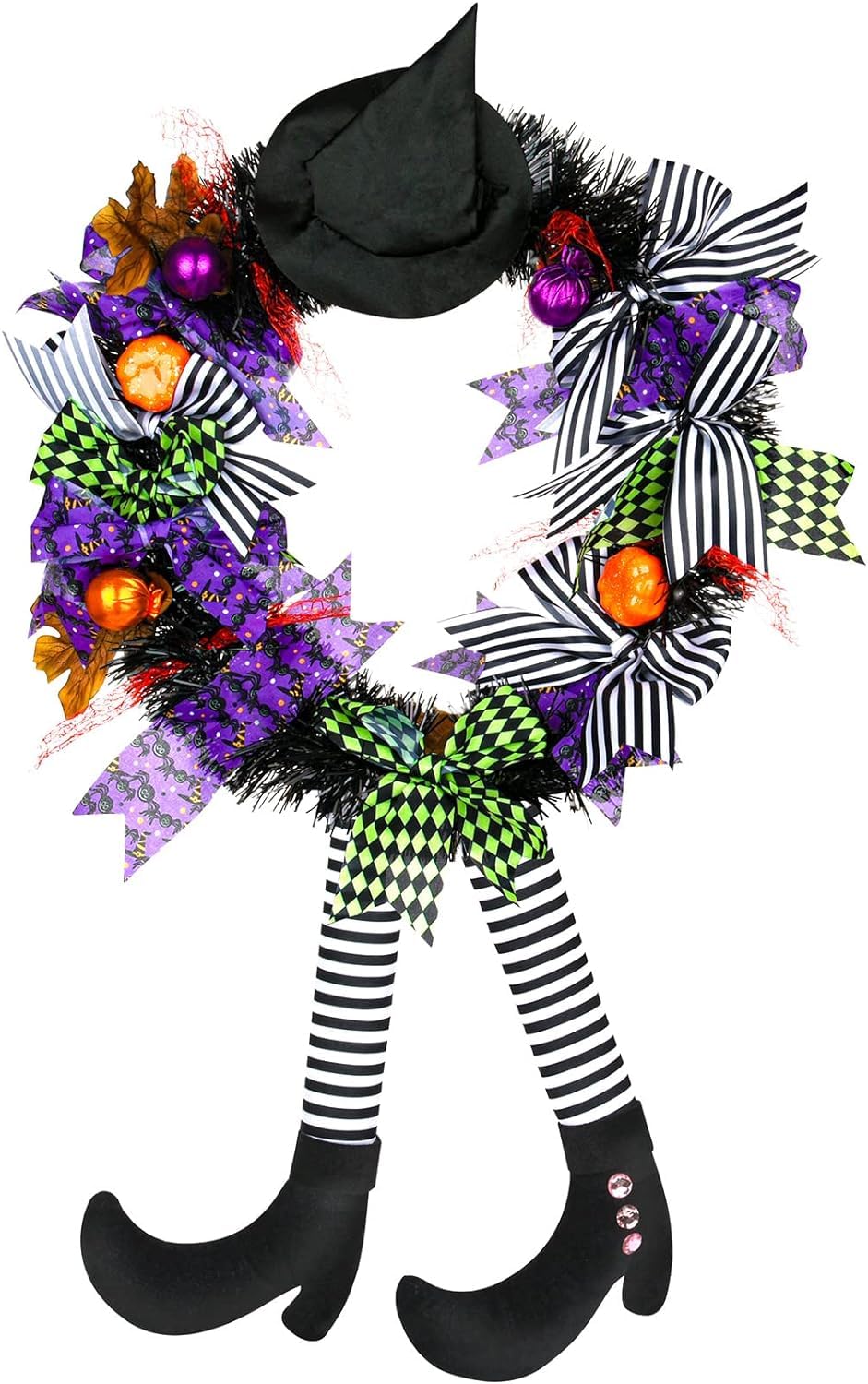 Jorunb Hanging Halloween Skeleton Wreath Front Door,24'' Witch Wreath,Witch's Hat and Legs Hanging Leg Pumpkin Maple Leaf Decor Unique Decoration,Halloween Decorations for Door or Interior Wall Decor