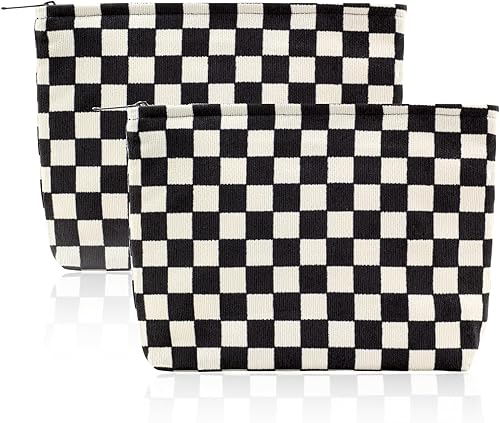 GUOER Bolsa de maquillaje de pana, organizador de viaje con cremallera y gran capacidad, Beige-Lunares, Lindo