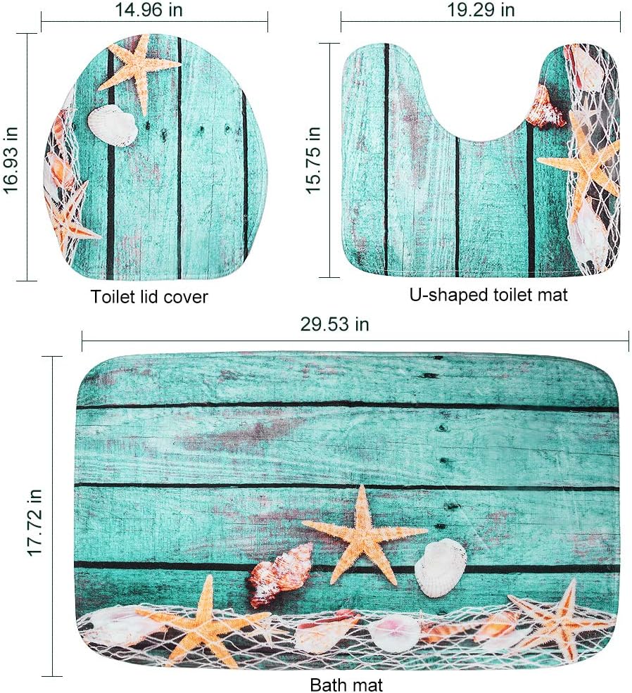 3 Piece Bath Rugs Mat Set, Bath Mat for Bathroom, Bathroom Mats Rugs Flannel Mats, Machine Washable Carpets Floor Mat for Bathroom Kitchen, Tub Toilet Contour Mat Lid Cover, Beach Starfish Decorations