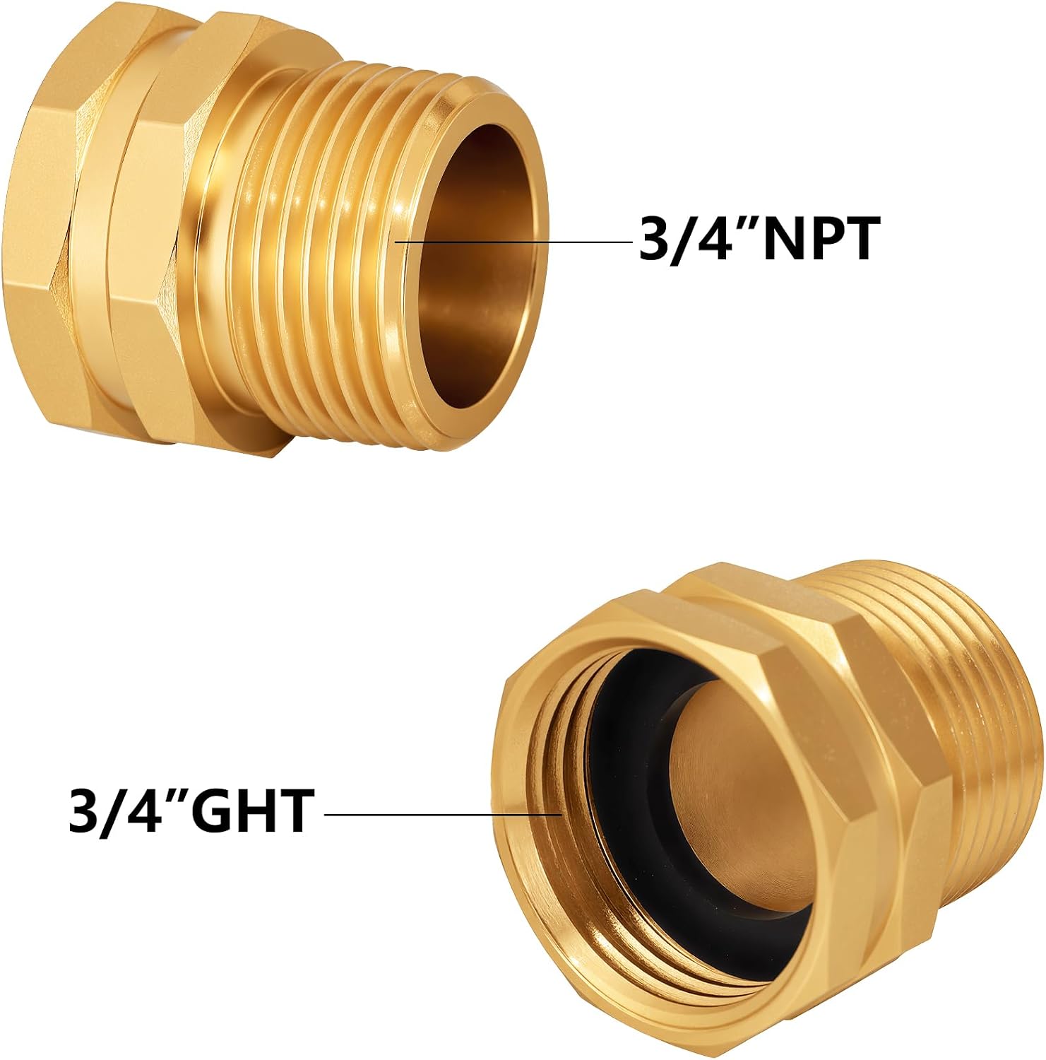 Garden Hose Adapter: Brass 3/4 GHT Female to 3/4 NPT Male Reducer, Leak-Proof Connector (3/4 GHT Female to 3/4 NPT Male, 3-Pack)