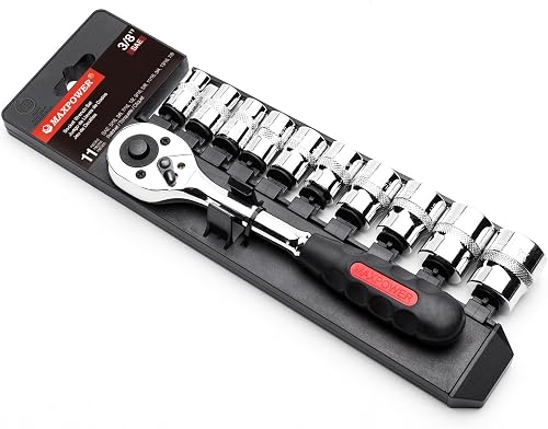 11-Piece 3/8" Ratcheting Socket Wrench Set Quick Release Reversible Ratchet Handle and Swappable Spanners Imperial Inch Sockets with Hanging Rack