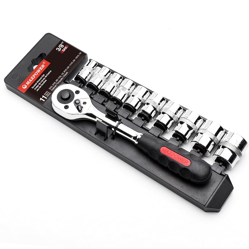 Jogo de Soquetes com Catraca MAXPOWER, Acionamento de 9,53 mm (3/8 pol.), Soquetes SAE e Suporte, 11 Peças