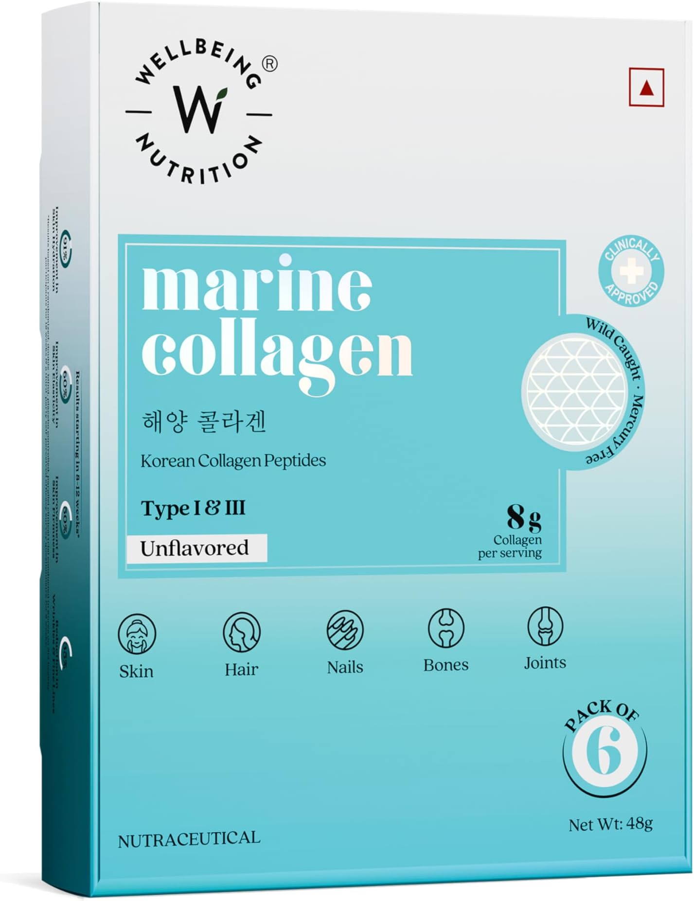 Pure Korean Marine Collagen Supplements for Women & Men|Clinically Proven Type 1 & 3 Hydrolyzed Peptides|For Anti-Aging,Radiant Skin & Hair Growth|Unflavored - 6 Sachets, 48 grams
