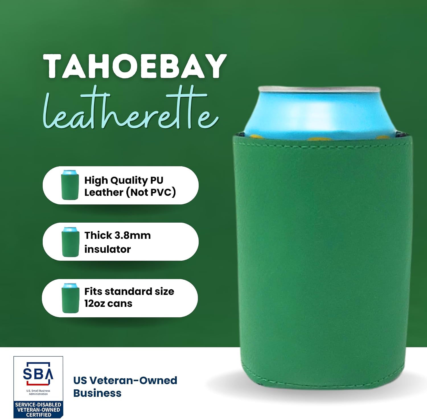 TahoeBay Leatherette Can Cooler Sleeves (12-Pack) Faux Leather Bulk Beer and Soda Neoprene Coolers for Cans - 12oz Blanks for Heat Transfer Vinyl - Plain Groomsmen Gifts Party Favors (Green) image 2