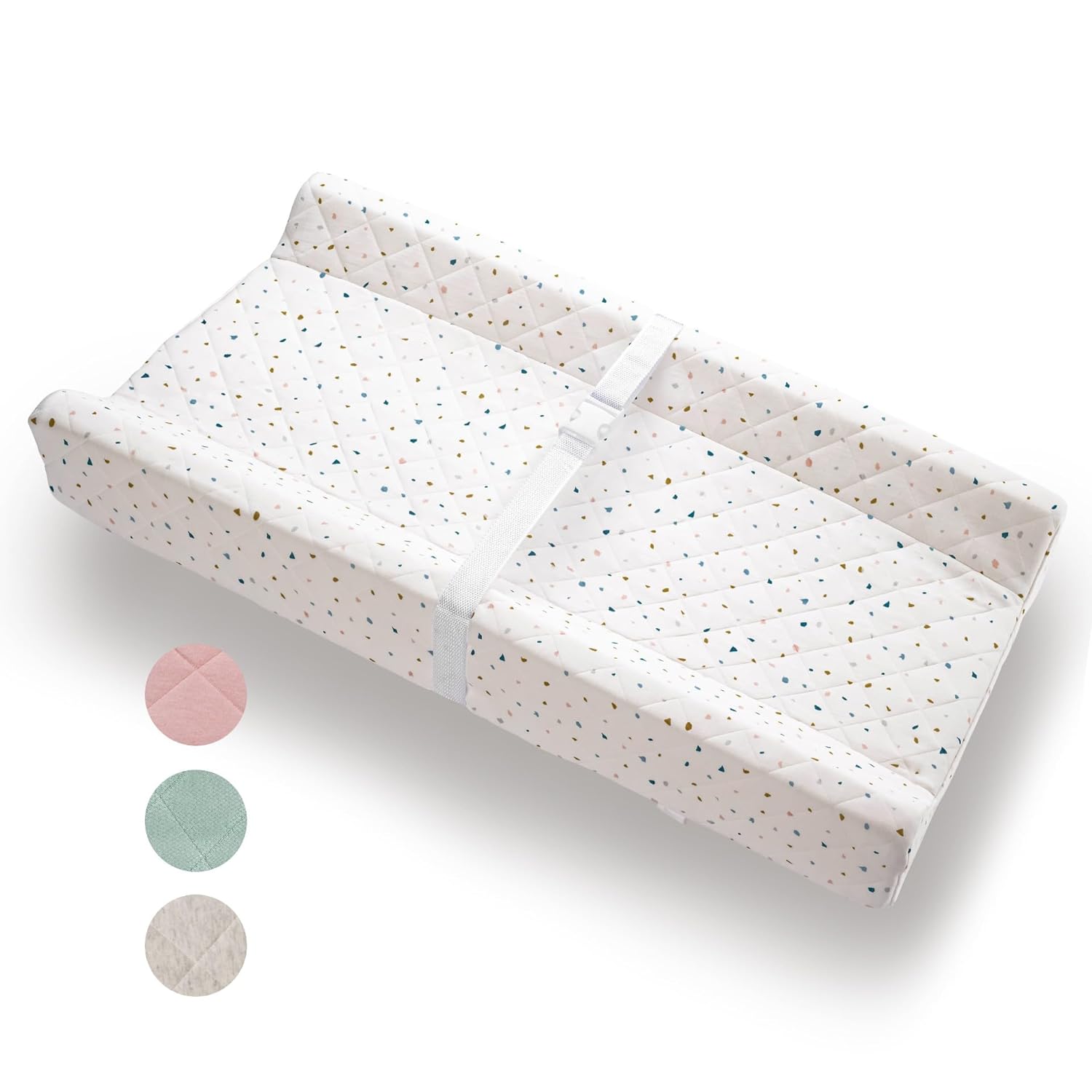 Organic Cotton Contoured Baby Changing Pad w/Waterproof Foam Mattress, Includes Soft, Removable & Washable Cover, Safety Strap, Non-Slip Bottom, Topper for Standard Size Infant Diaper Table & Dresser Polka Dot