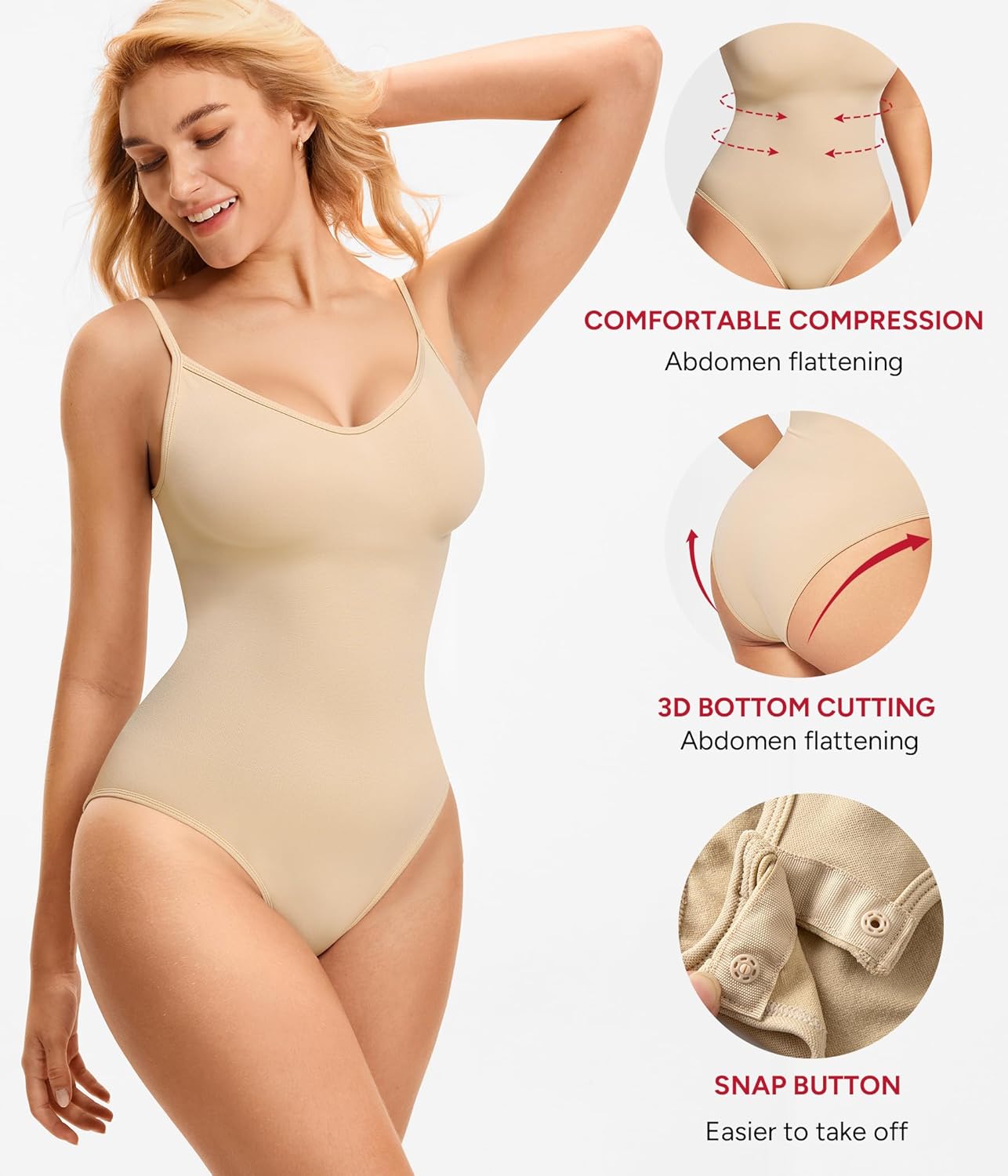 Nebility Bodysuits for Women Tummy Control Body Suits Seamless Shapewear V Neck Body Shaper - Image 2