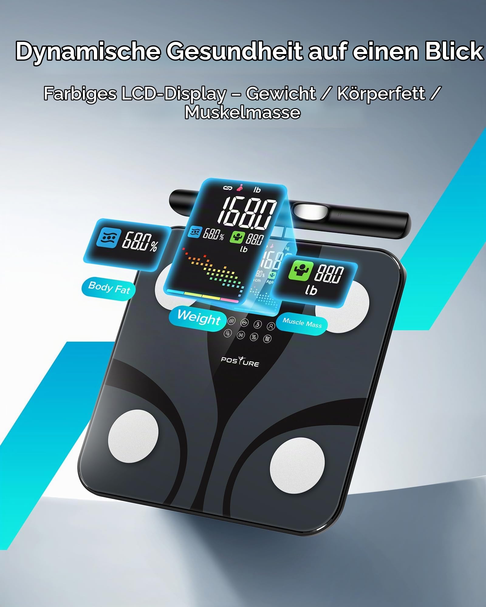 Posture Körperfettwaage, Intelligente Personenwaage Digitale 8 Elektroden für Körperfettanteil, Farbiges und Interaktives LCD-Display BMI und 28 Körpermesswerte, Großer Plattform