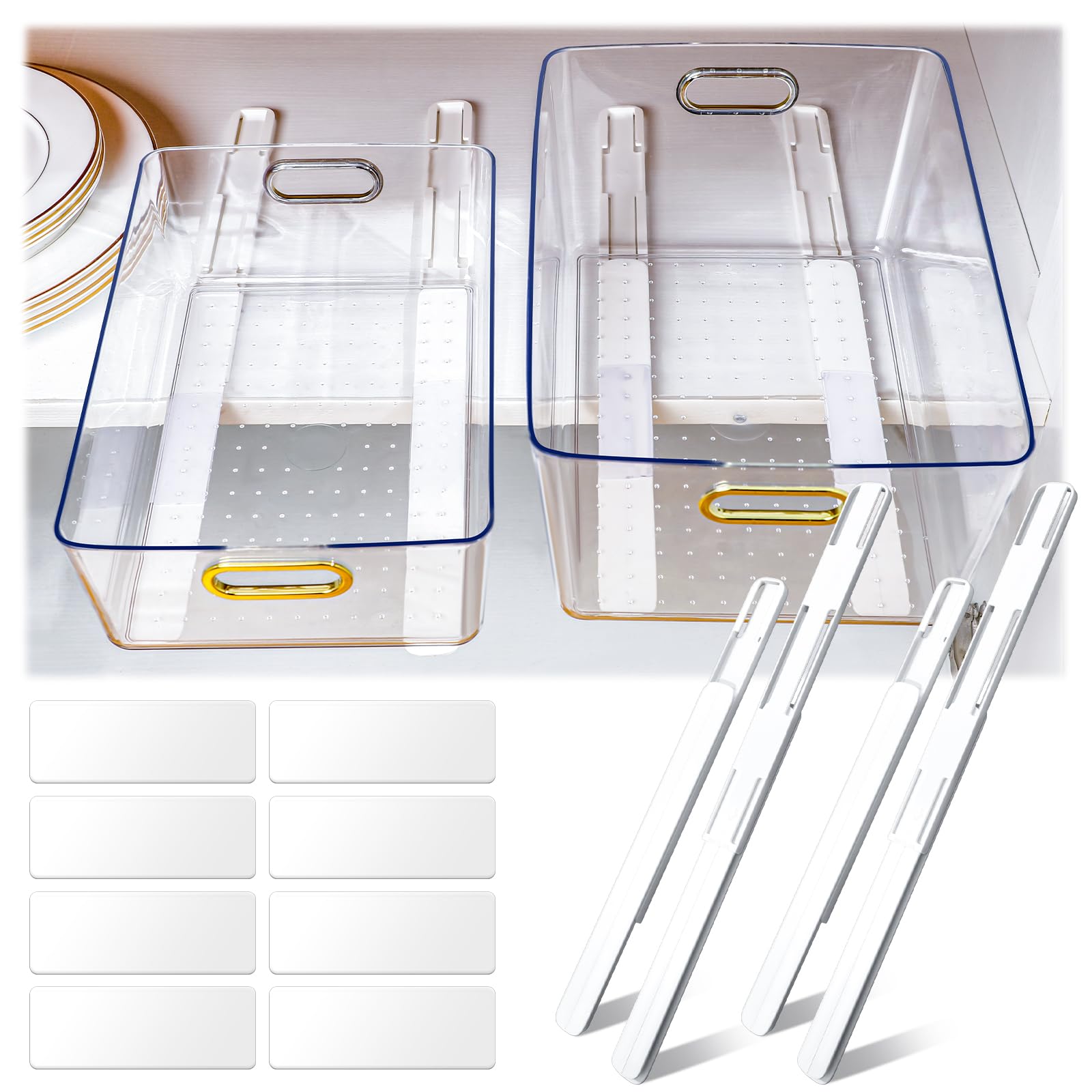Reallnaive 2 Pcs Clear Pull out Cabinet Organizer with 4 Pcs Adhesive Sliders Rails, Pull Out Drawer Organizer Accessories Plastic Slide out Storage Drawer for Office Kitchen Bathroom Home School