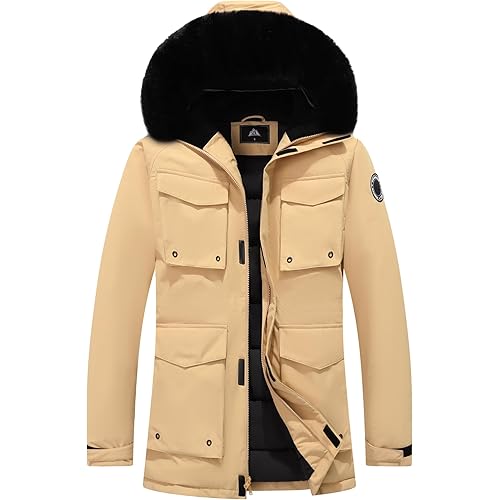 MOERDENG Men's Winter Thickened Warm Down Coats Windproof Waterproof Hooded fashions Puffer Jacket Khaki L