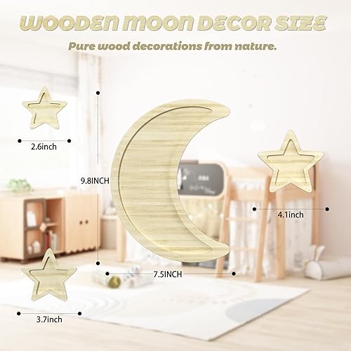 Miniatura 2 de 4 piezas de decoración bohemia para cuarto de bebé, decoración de pared de luna y estrellas de madera, decoración de habitación de bebé para