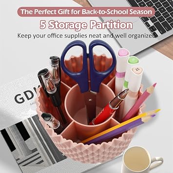 Desk Organisers Pen Holder 360° Rotating Makeup Organiser Stationary Desk Organisers with 5 Compartments Pen Pot for Home Office School Classroom (Pink)