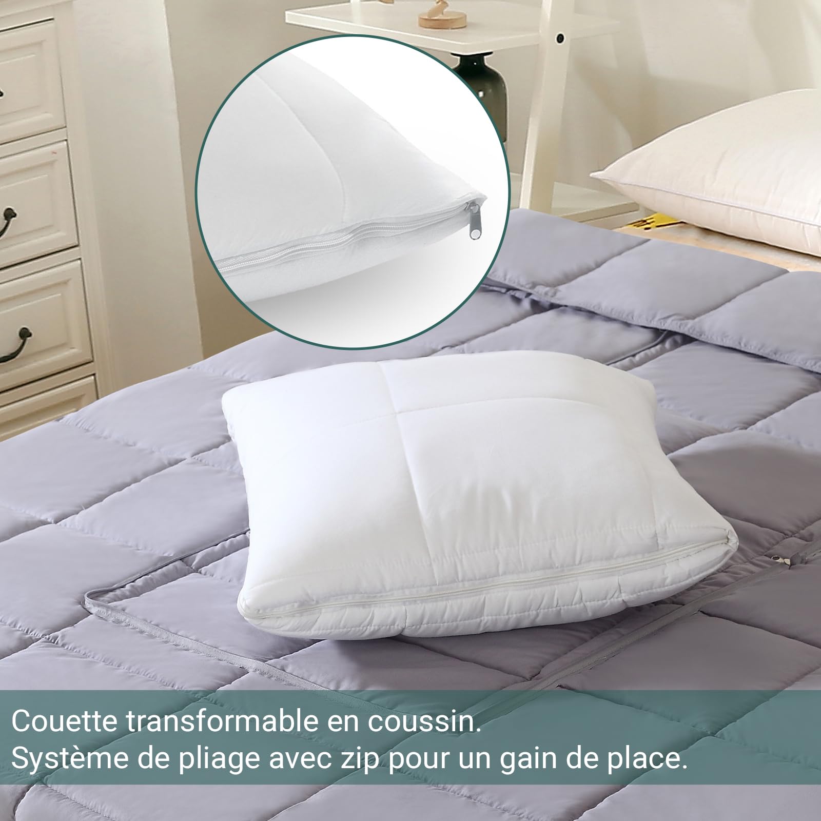 SAMPUR - Couette Magique - Isothermique - Tissage Jacquard - Double Passepoil Galonné - Traitement Anti Acariens (Gris, 135 x 200 cm)