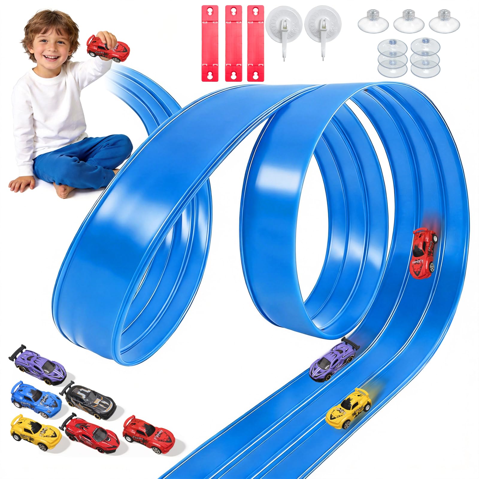 Flexible Autorennbahn Kinder, 3-Spur 5M Rennbahn Inklusive 6 Autos, Autorennbahn Race Car Track für 1/64th Autos, Hot Wheels Bahn Geschenke für 3 4 5 6 7 8 Jahre Jungen Mädchen