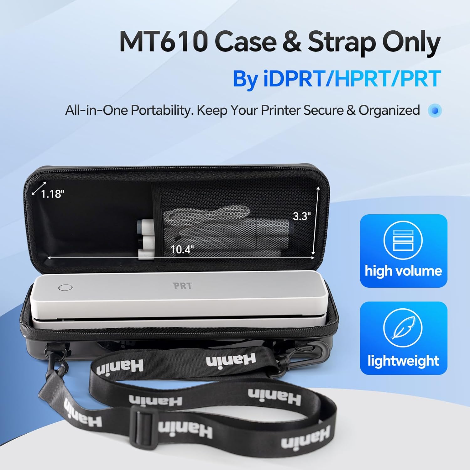 PRT MT610 Carrying Case with a thermal printer and accessories inside, illustrating all-in-one portability.