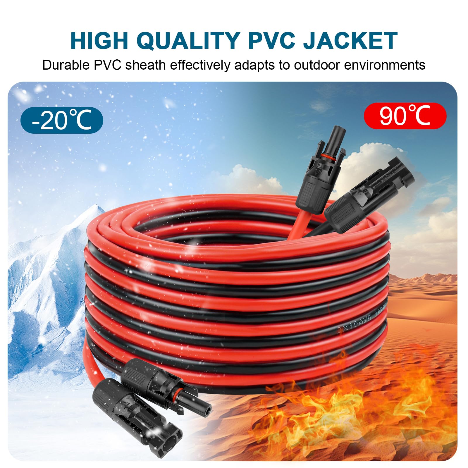 Cable de extensión solar de 10 AWG de 50 pies, cable flexible para panel solar con conector macho a hembra, alambre de cobre estañado paralelo para panel solar, automoción, RV, barco, al aire