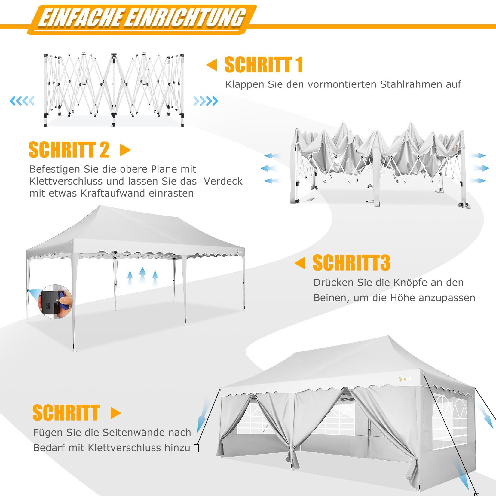 HOTEEL Pavillon 3x6 Faltpavillon 3x6 Wasserdicht Stabil, Partyzelt Faltbar Anti-Uv 50+ Pop Up Gartenpavillon mit 6 Seitenwänden, 4 Sandsäcke, Tasche mit Rollen, für Hochzeiten Partys Markt, Weiß