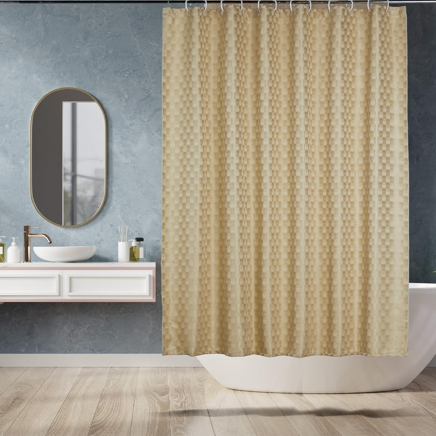 Amazon Basics Shower Curtain 5 Feet | PVC-Free, No Plastic Smell | Machine Washable Fabric | Cream | 6ft Wide | 12 Hooks -180 CM X 150 CM