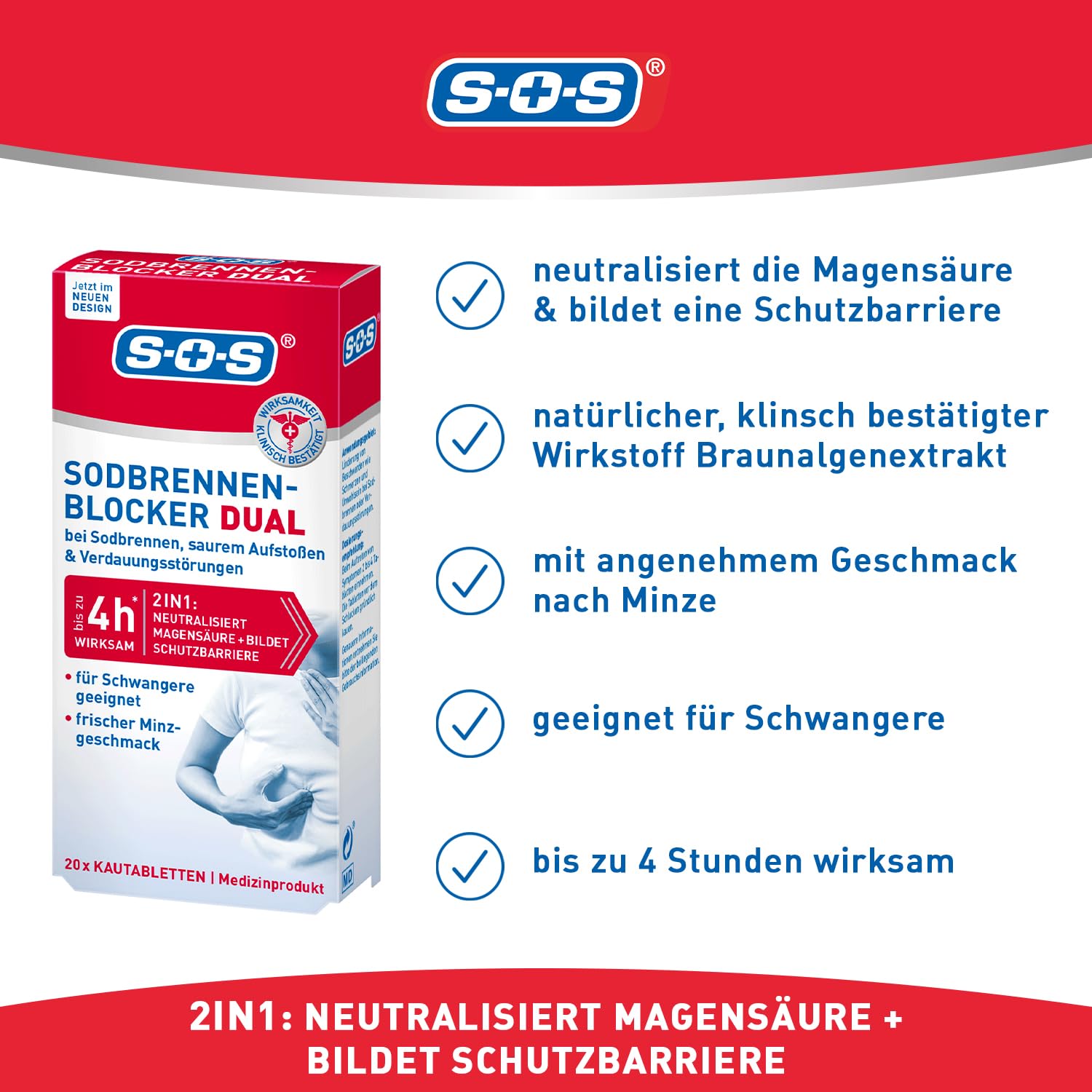 SOS Sodbrennen-Blocker Dual: Sodbrennen Tabletten wirken schnell und langanhaltend, Magentabletten, 10x 20 Kautabletten