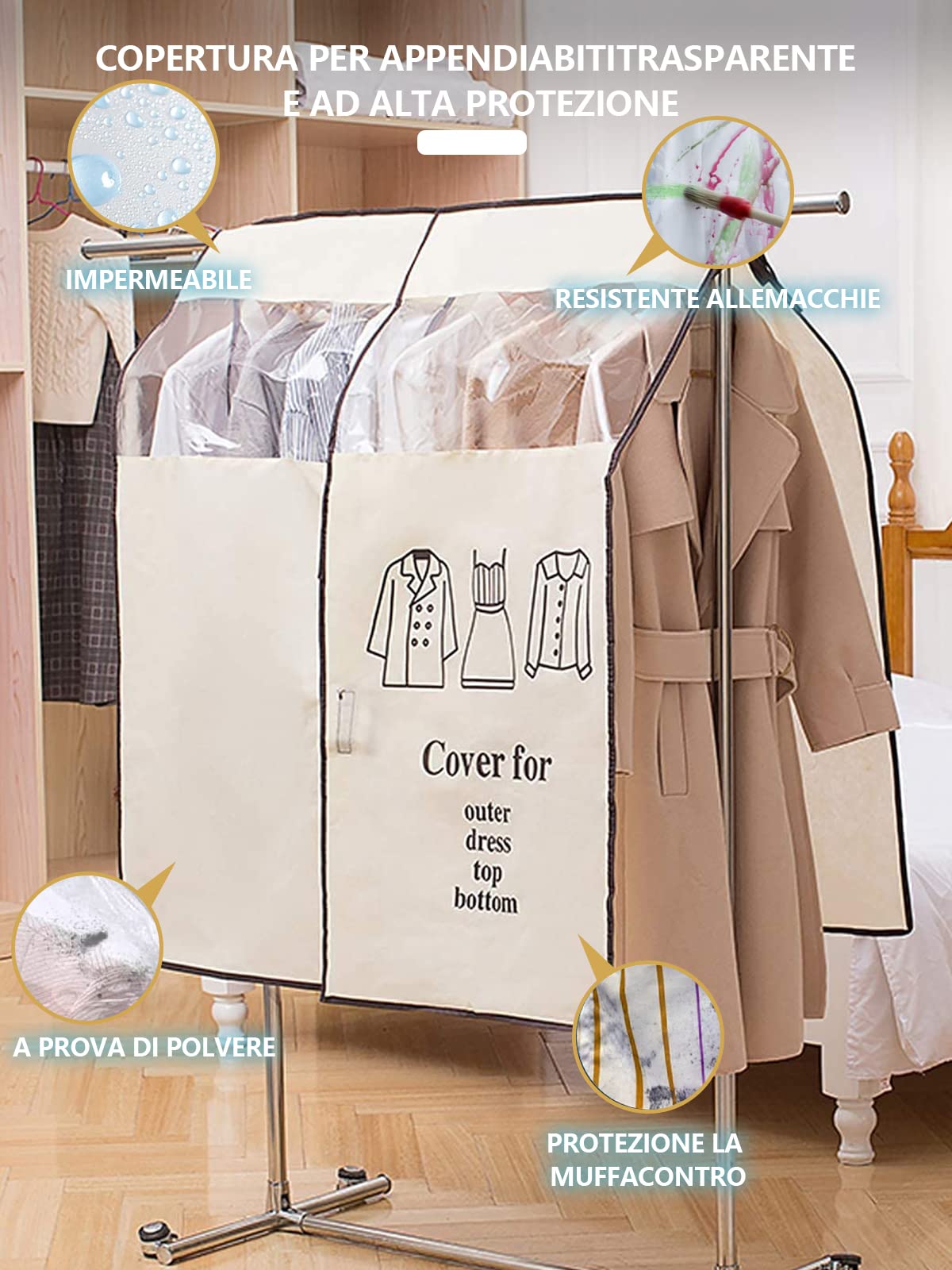 2PCS Copriabiti Antipolvere per Armadio 120 x 120 cm Copertura Protettiva per Stand Appendiabiti in Tessuto Traspirante con Finestra Trasparente Visibile Beige con Cerniera