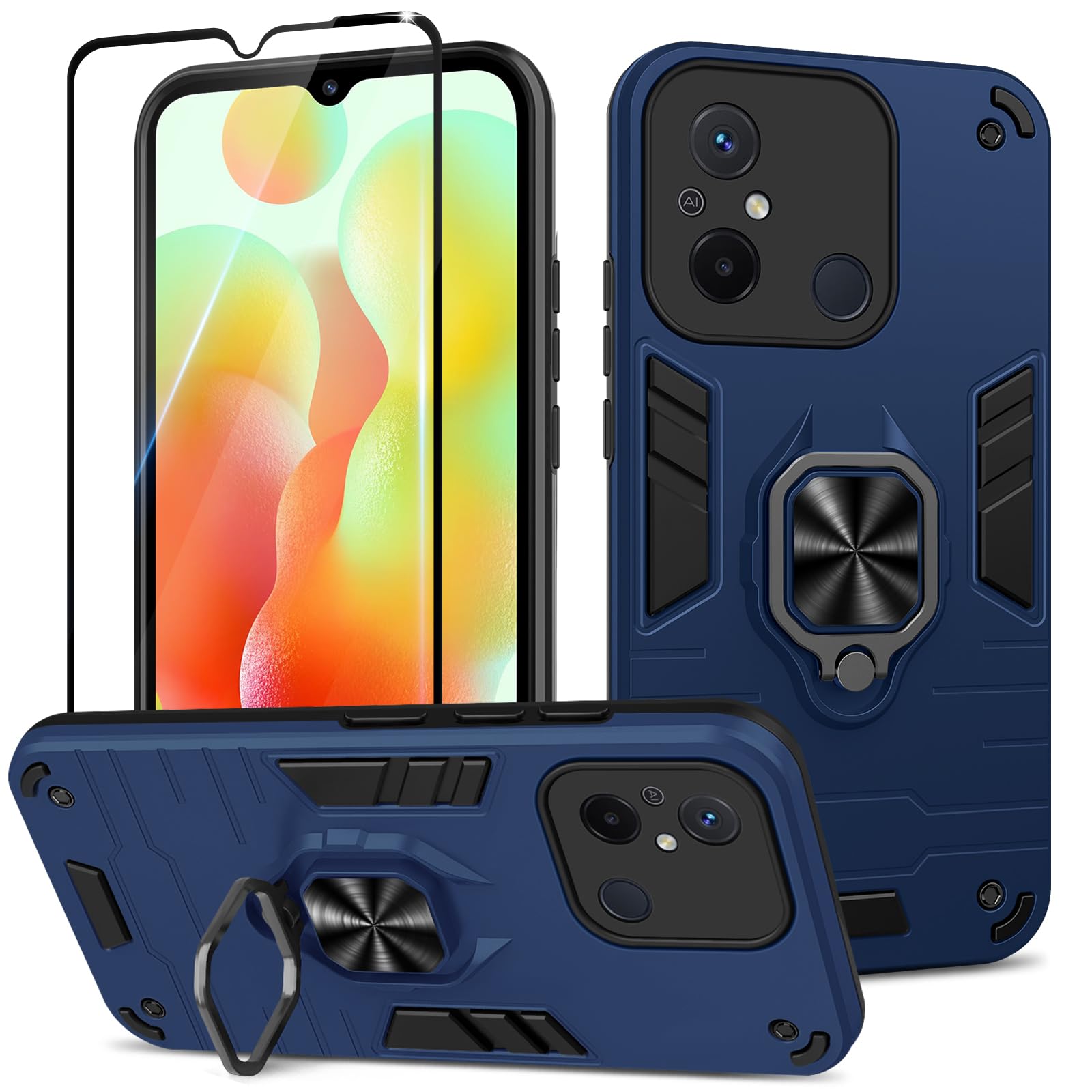 Funda para Samsung Galaxy A13 4G con Cristal Templado Protector Pantalla, Carcasa Antigolpes con Soporte anular metálico, Case Protectora de Grado Militar, Negro — view 143