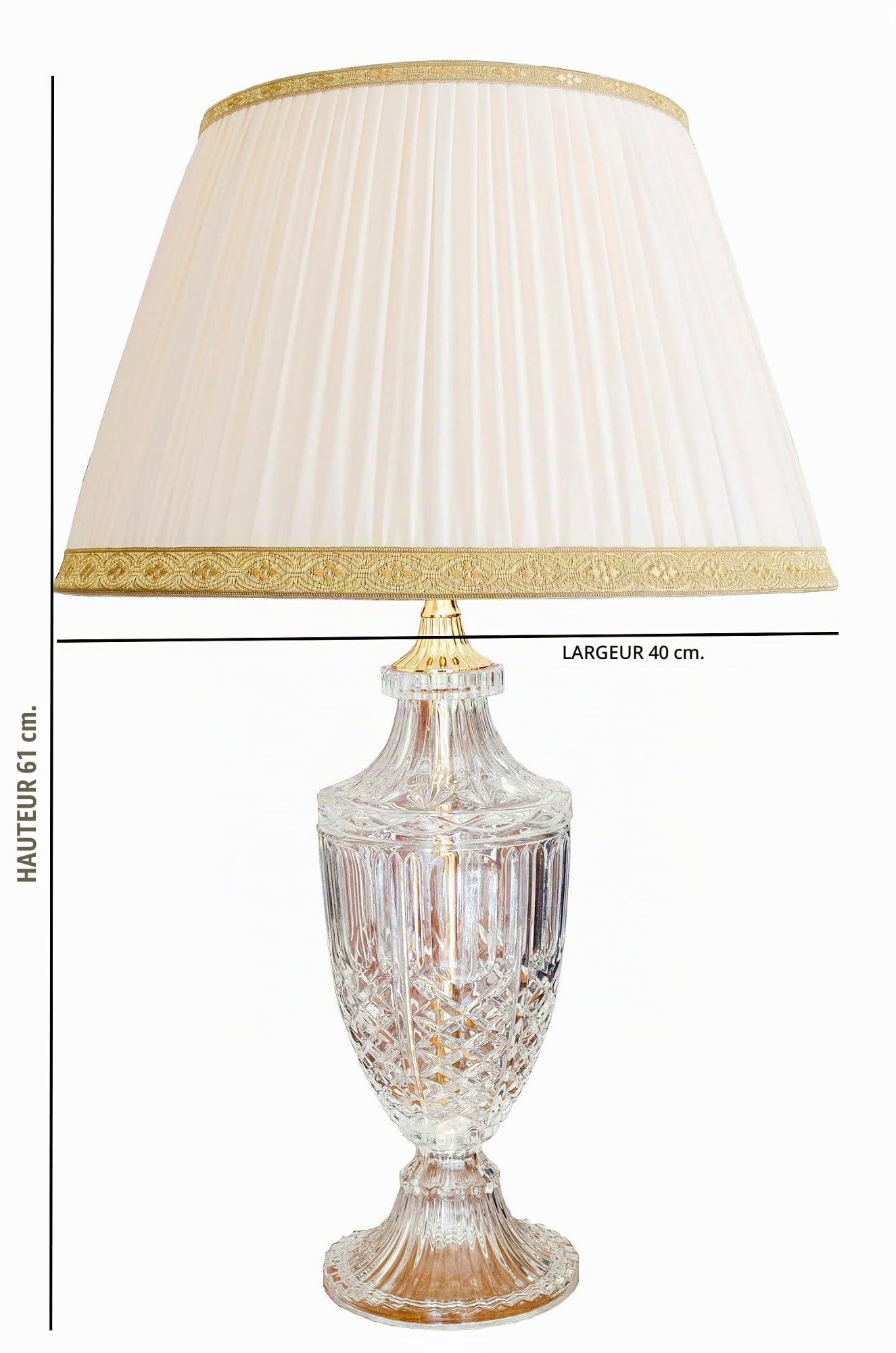 Generico LUCECLASS Lampe de table classique en pur cristal et laiton avec abat-jour soie plissé, lumière classique élégante de luxe pour salon, salon, hôtel, contrat