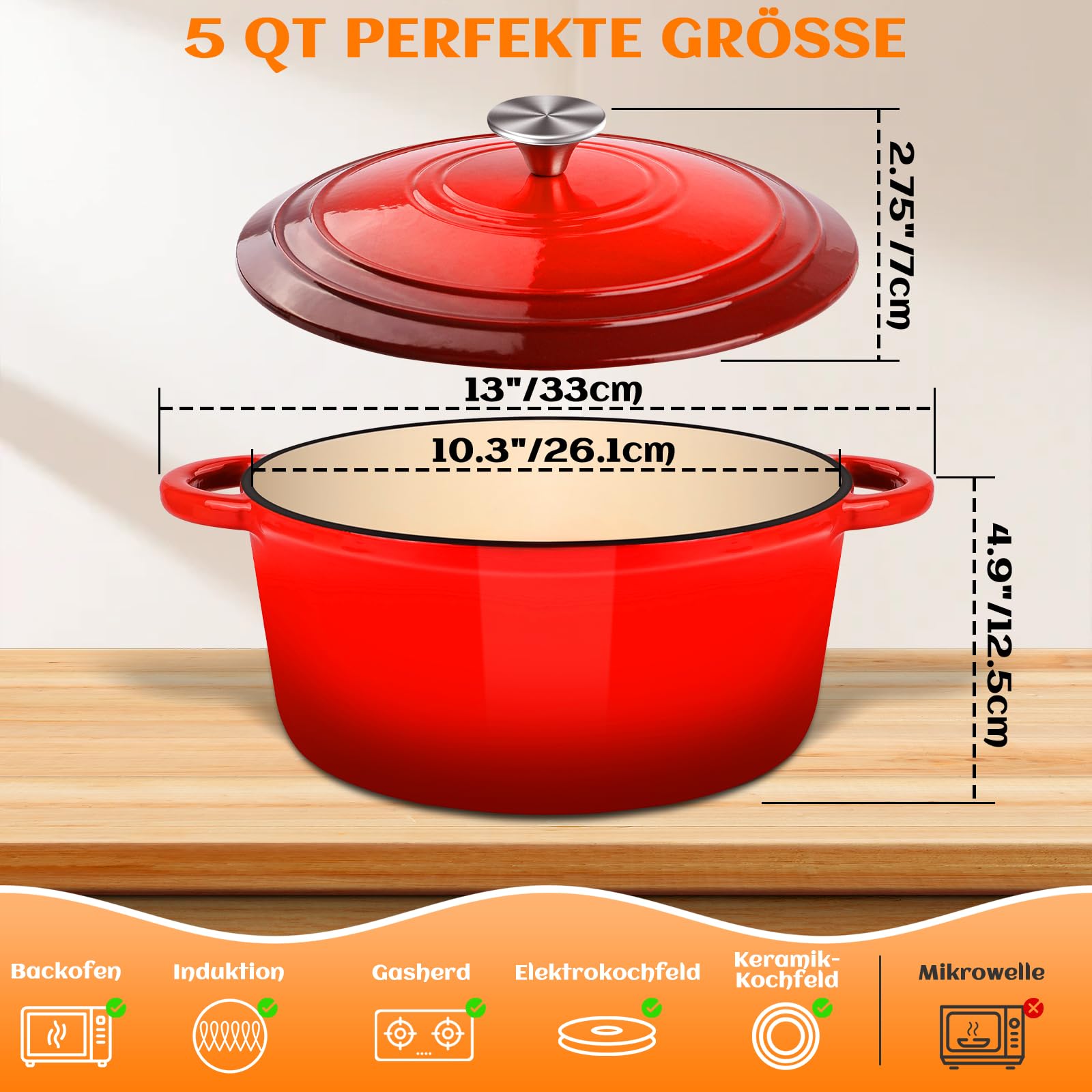 NZQXJXZ Gusseisen Topf Brot Backen, 26cm Emaille Schmortopf mit Deckel Brotbackform mit Banneton Brot Gärkorb Sauerteig Brotbacken Zubehör, 2-in-1 Brotbacktopf mit Pfanne Deckel Kochen Pan