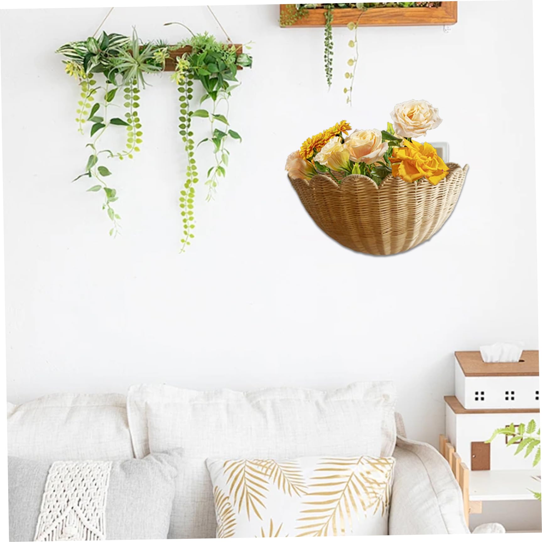 Mega Collections hang plantenbak - riet - met binnenzak - D30 x H14cm | Fun en Feest