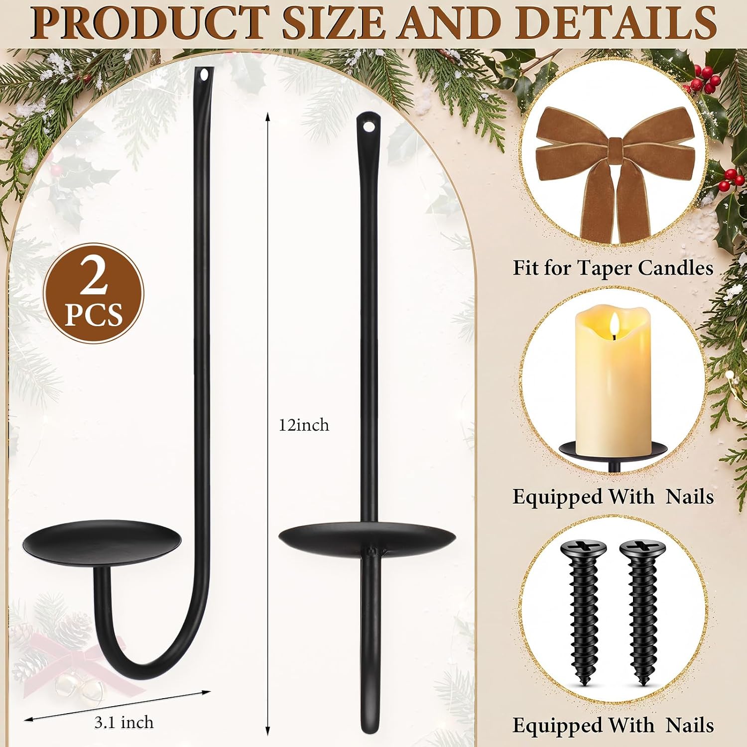 Yungyan Christmas Wall Candle Sconce Set of 2, Pillar Candle Holder, Brown