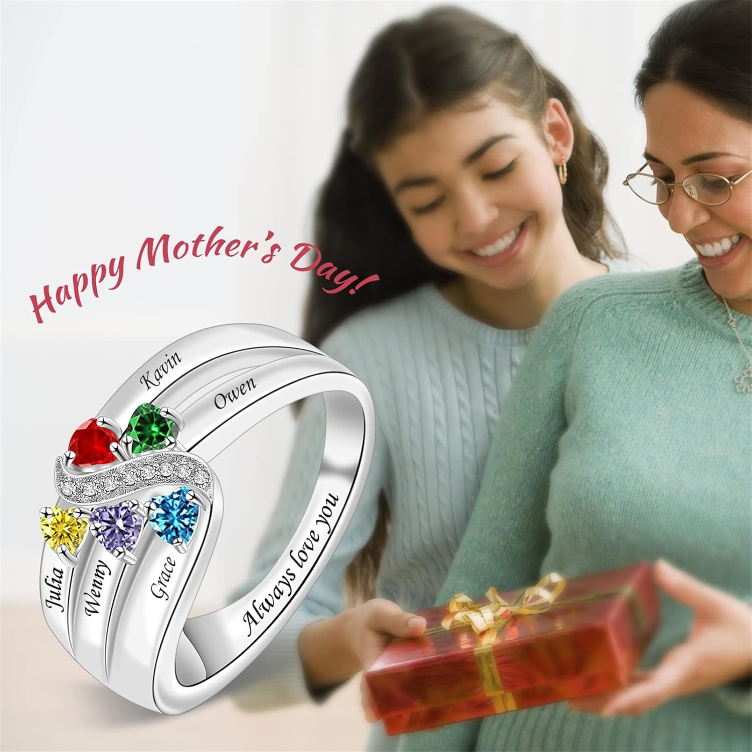Custom Mother Ring with 1-6 Simulated Birthstones Personalized Name Ring Engraved Family Names for Mothers Day Birthday Anniversary Christmas
