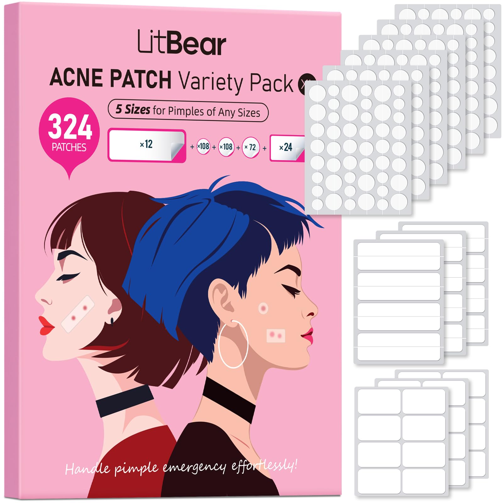 LitBear Large Pimple Patches, 5 Sizes 324 Patches Big Acne Patches, XL Hydrocolloid Bandages for Full Face, Forehead, Chin, Nose, Body, Back, Neck & Chest, Stirp, Square Large hydrocolloid Patch