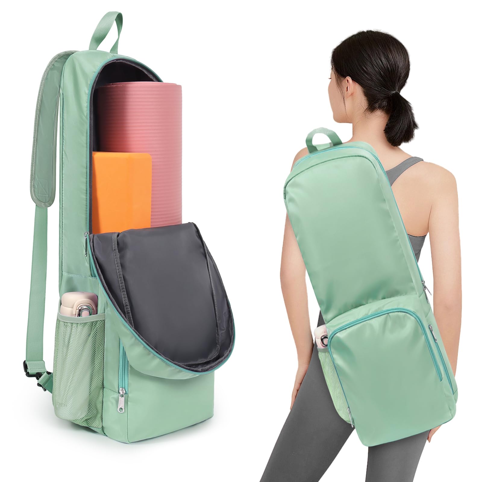 Tangoner Yoga Mat Bag Carrier Side Mesh Zipper Pocket Exterior Wet Compartment Lightweight Waterproof Yoga Bag for Mat (Green)